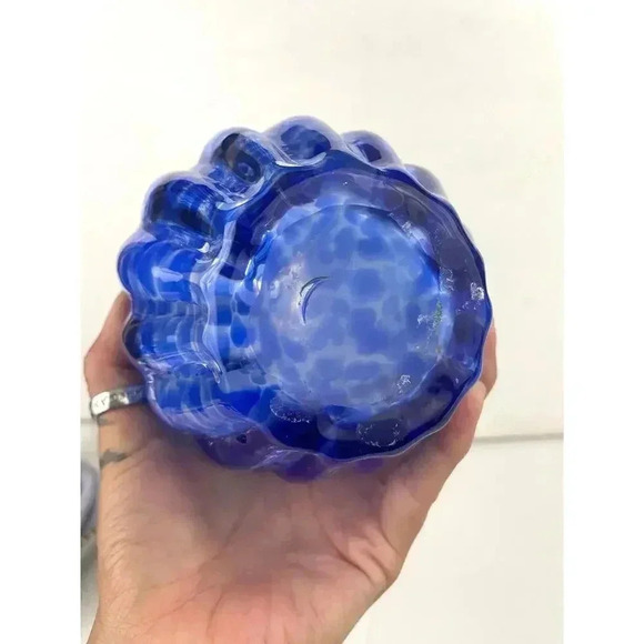 VTG Blue Murano Glass Vase Spotted Ribbed Vase 8.5" Tall Three Petal Floral MCM - Picture 3 of 11
